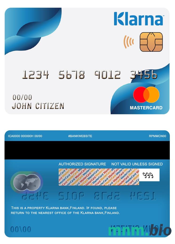 Finland Klarna bank przykład karty mastercard w formacie PSD